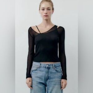 Black Sheer Double layer Long Sleeve Top